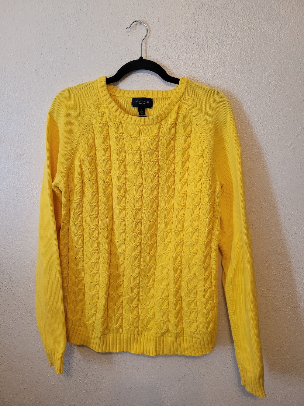 Lands' End Drifter Cable Knit Cotton Sweater Yellow Large